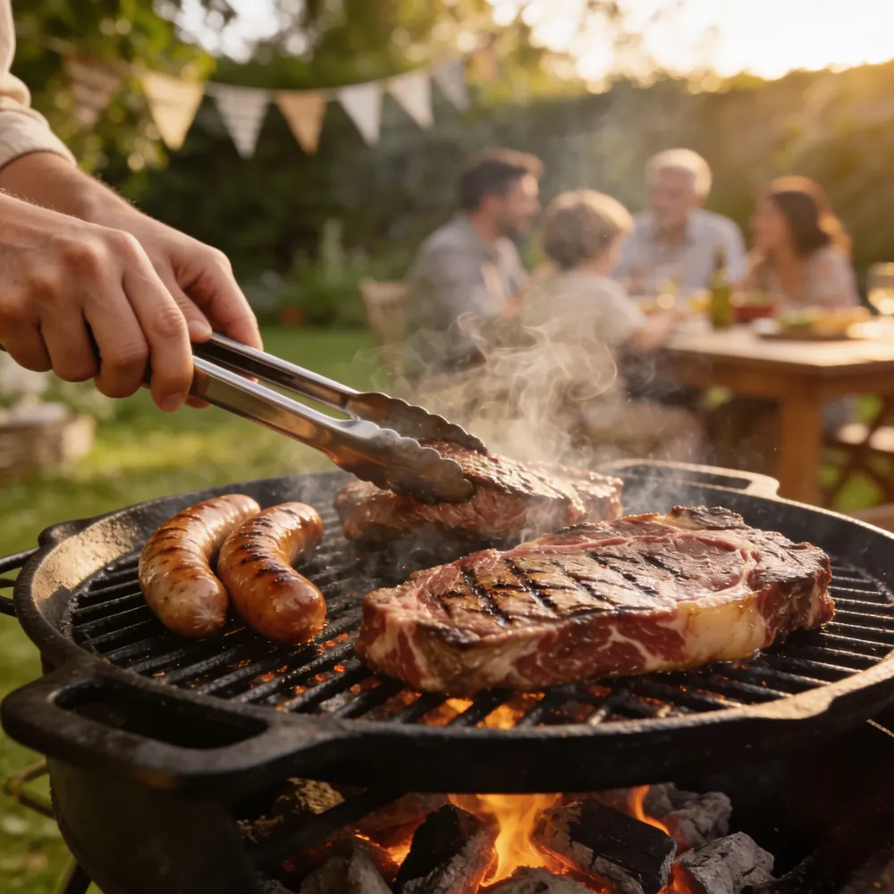 Steaks and sausages on a garden barbecue
