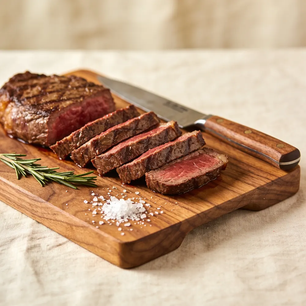 A rested steak sliced on a walnut carving board