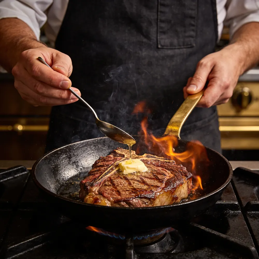 A thick ribeye being butter-basted in a cast iron pan