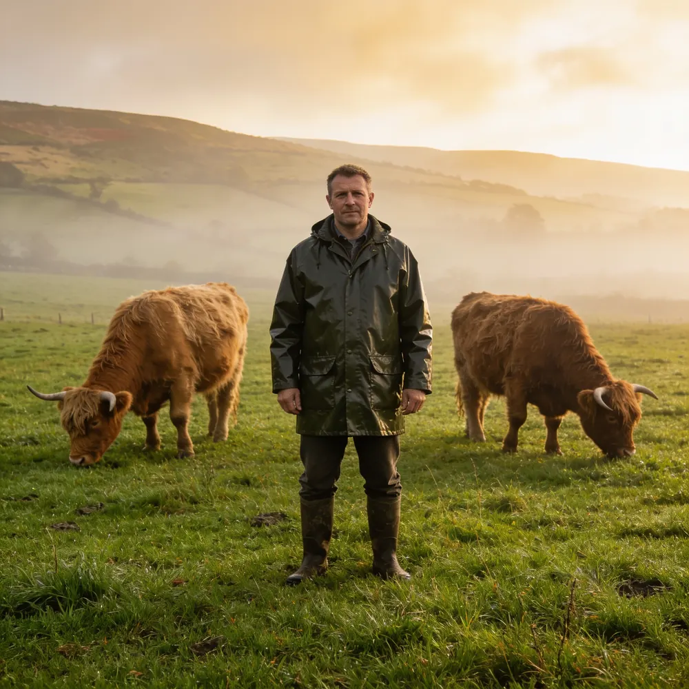 A local farmer with grazing cattle at first light
