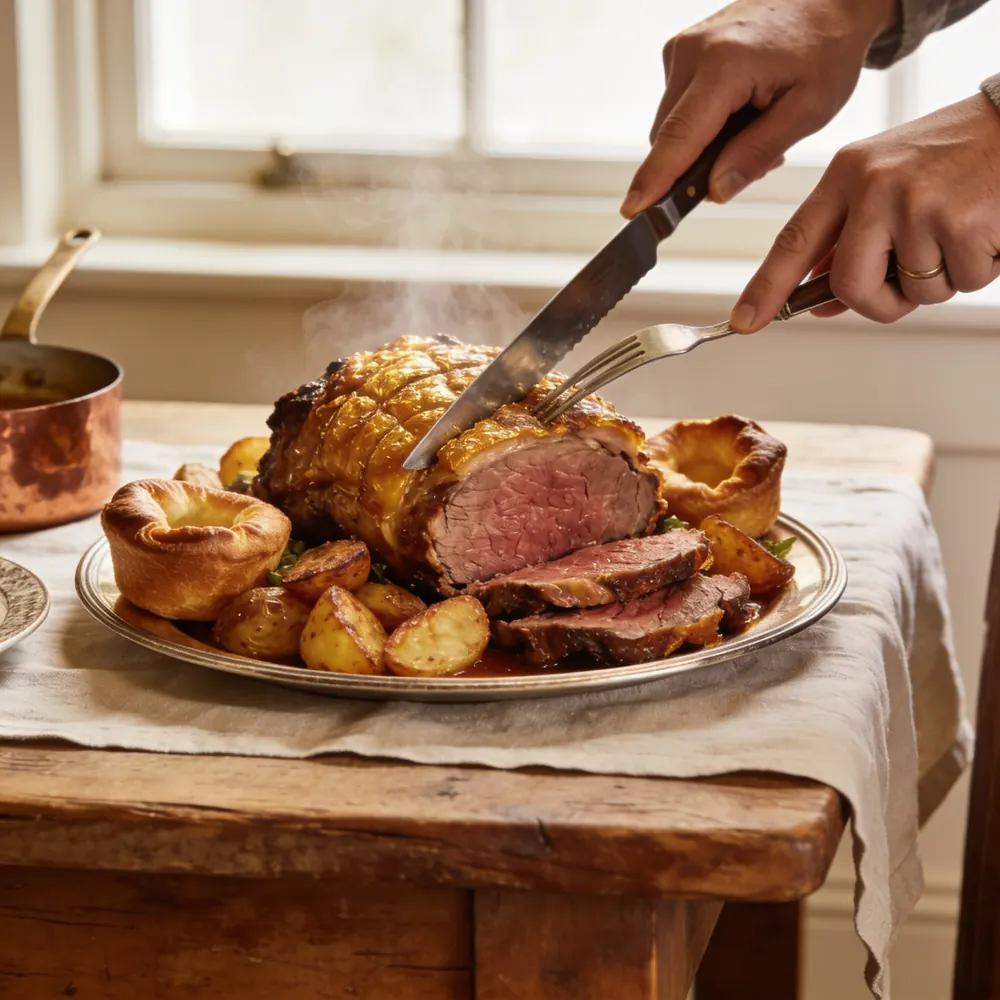 A Sunday roast being carved at the table